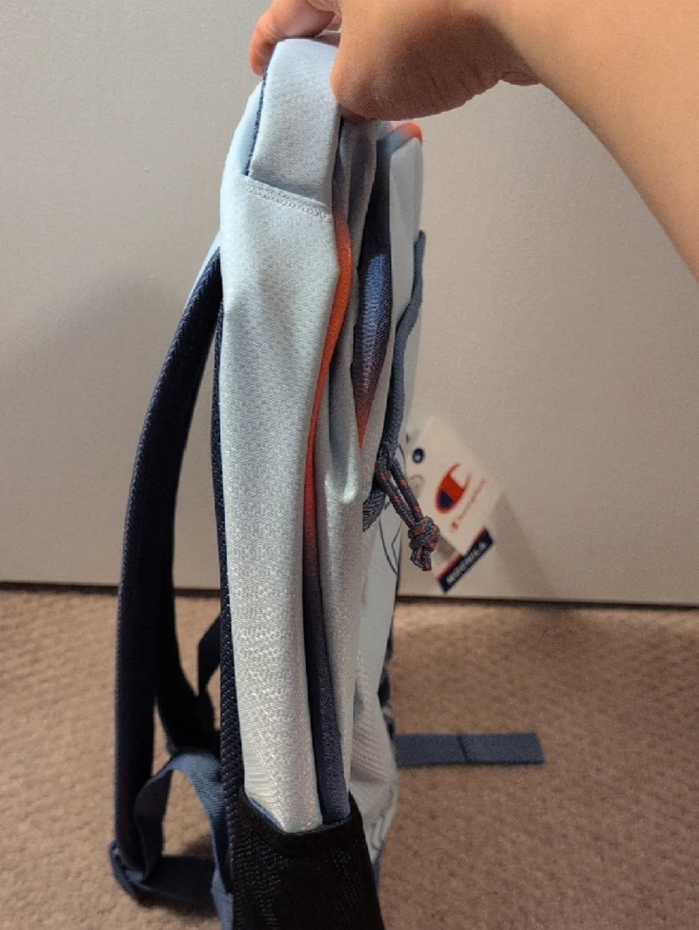 Champion Pale Blue Full Size Backpack with Dark Blue and Orange Fits 17